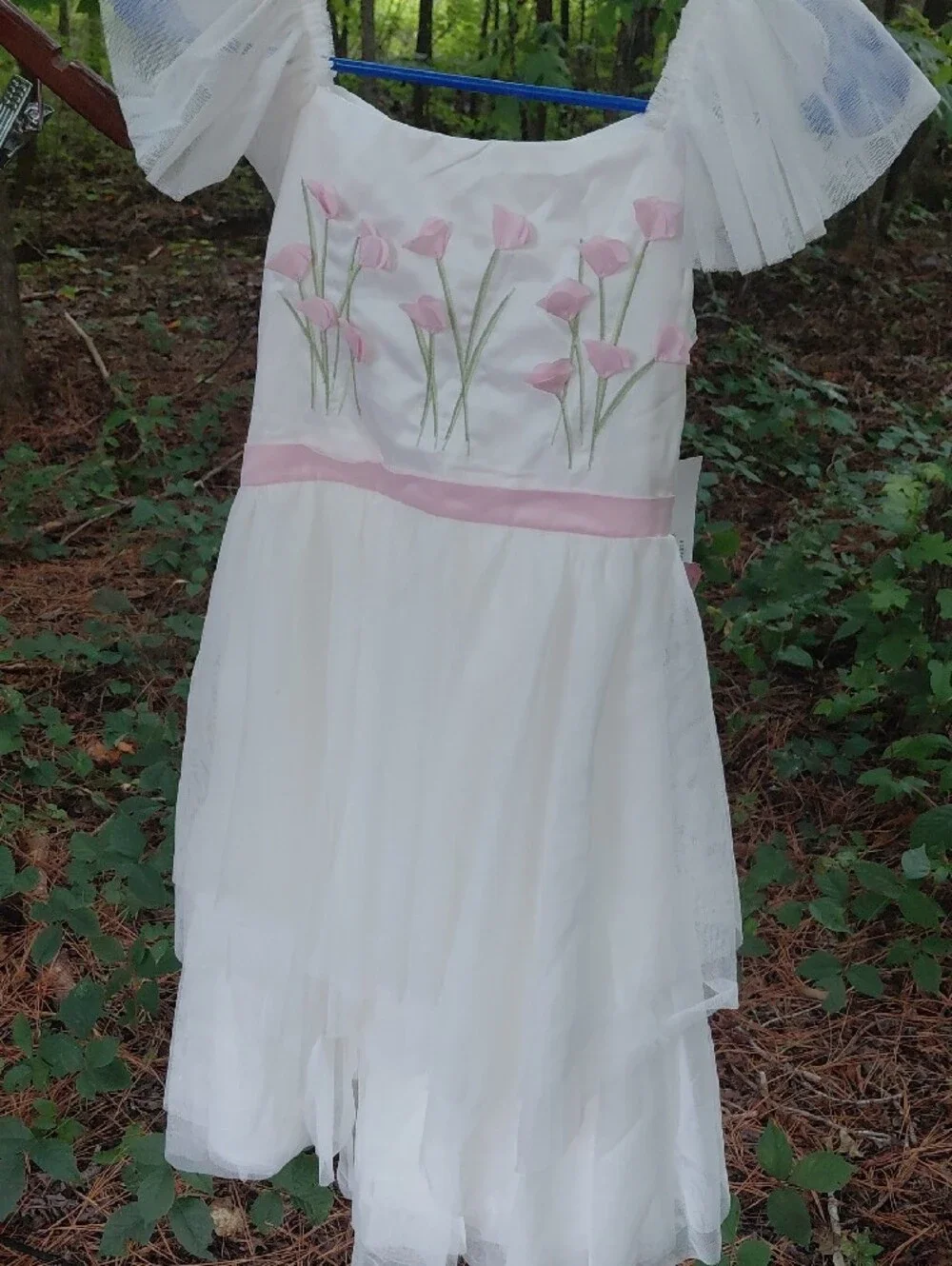 Biscotti White Formal Dress with Pink Floral Embroidery